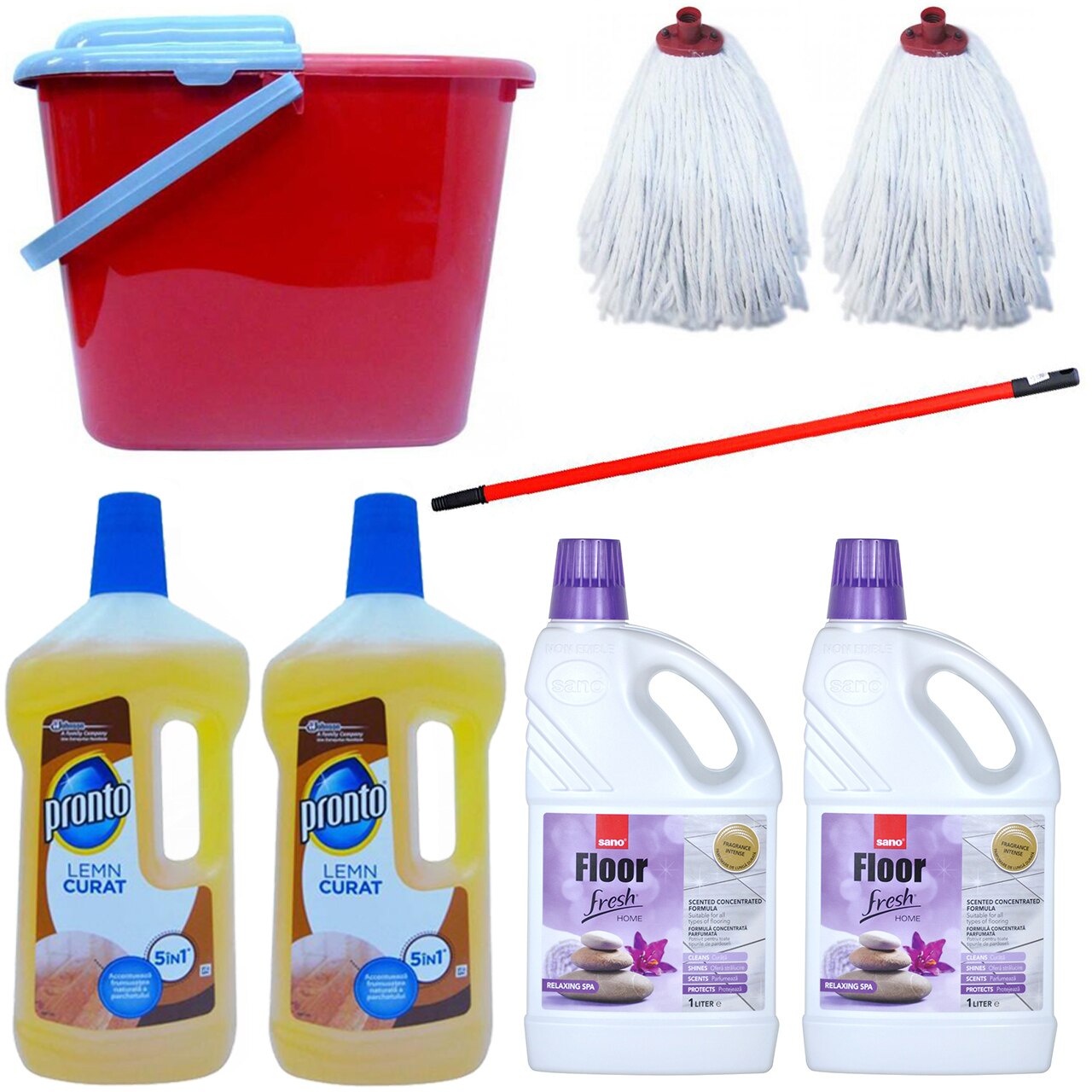 Pachet - 2 x Pronto lemn curat 5in1, 750 ml + 2 x Sano Floor Fresh Home, 1L + 2 x Mop bumbac 250g + Galeata cu storcator + Coada de mop telescopica